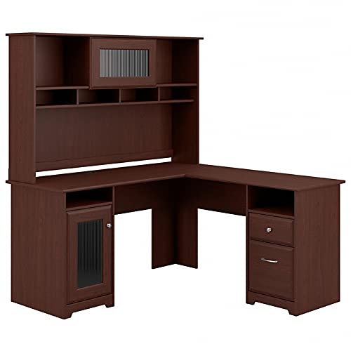 Bush Furniture مكتب على شكل حرف L كابوت مع خزانة في Espresso Oak