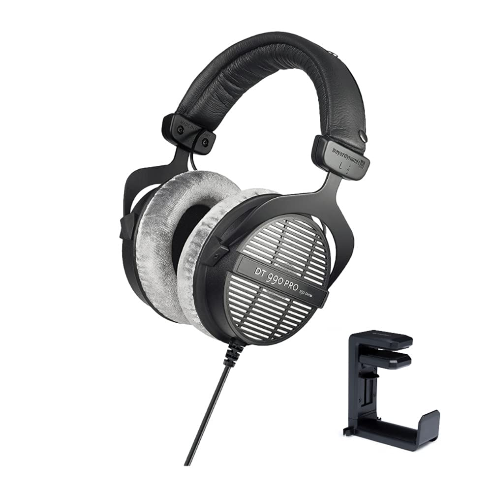 BeyerDynamic سماعات DT-990 Pro مفتوحة صوتيًا (250 أوم) مع حامل تعليق سماعة رأس Knox Gear مع حزمة منظم الكابلات المدمجة (2 قطعة)