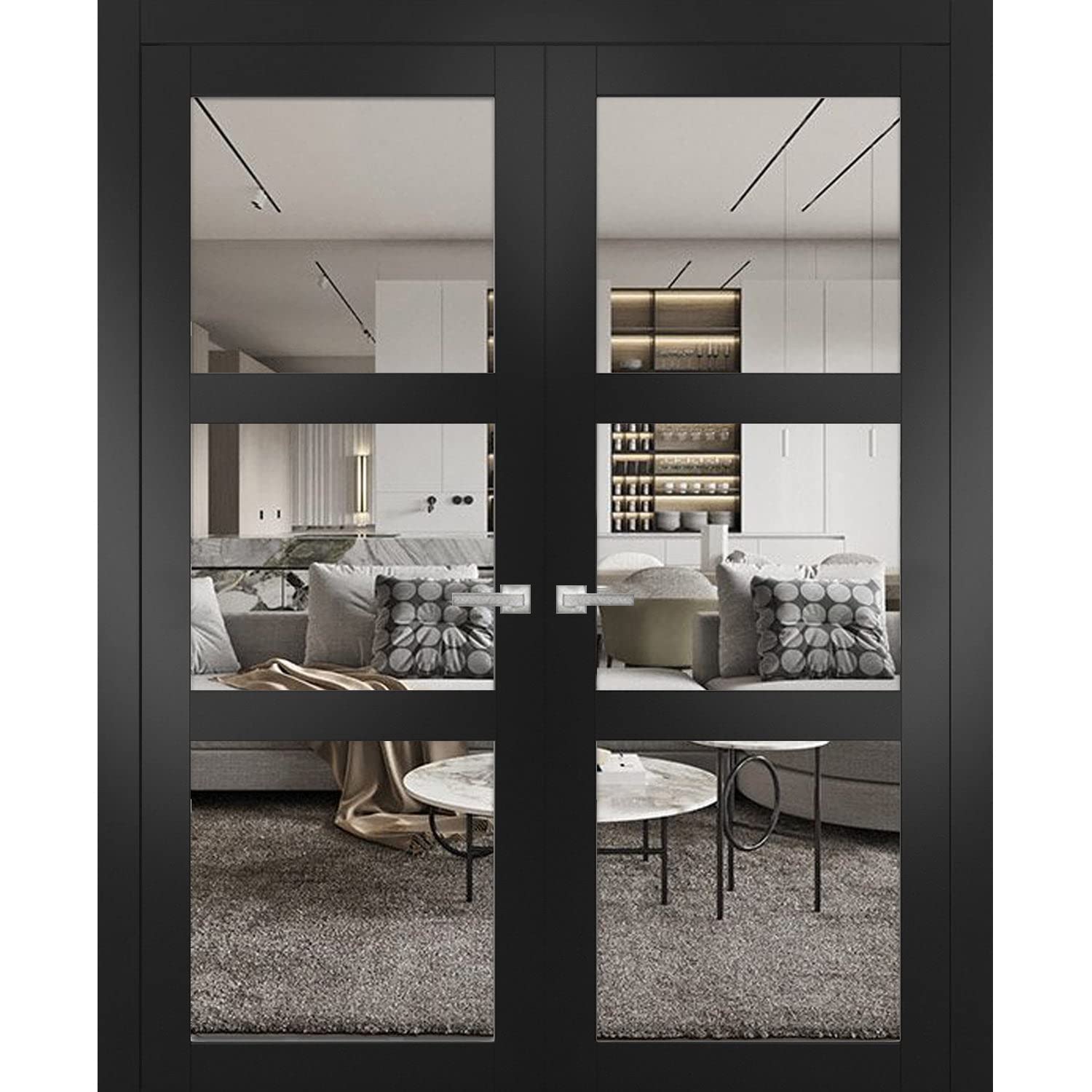 SARTODOORS Solid Interior French Double Doors 36 x 80 inches | Lucia 2555 Matte Black with Clear Glass | Wood Solid Panel Frame Trims | Closet Bedroom Sturdy Doors