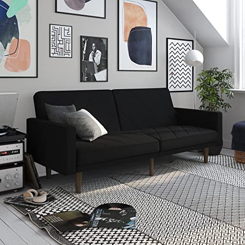 DHP سرير أريكة فوتون قابل للتحويل من Paxson مع تنجيد كتان وأرجل خشبية - أسود