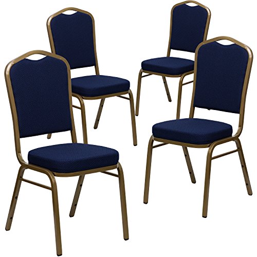 Flash Furniture 4 قطع كرسي مأدبة بتصميم تاج من سلسلة HERCULES مصنوع من قماش منقوش باللون الأزرق الداكن - إطار ذهبي