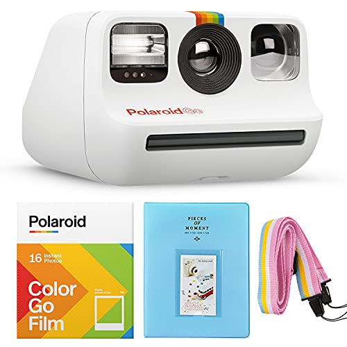 Polaroid GO كاميرا صغيرة فورية بيضاء + فيلم GO Color - عبوة مزدوجة + ألبوم + شريط