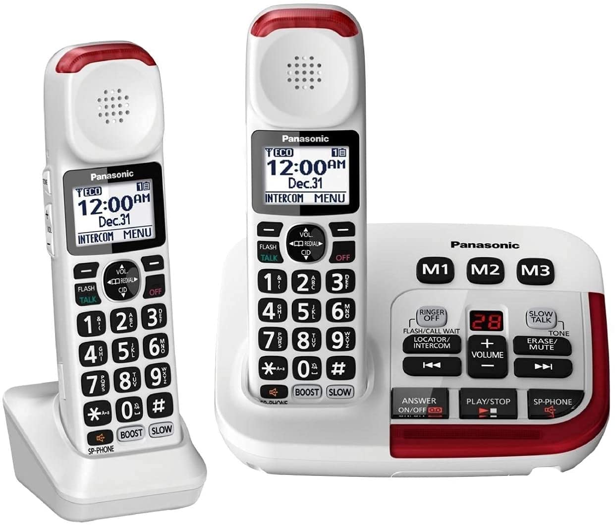 Panasonic KX-TGM420W + (1) هاتف لاسلكي مضخم KX-TGMA44W مزود بجهاز رد رقمي ومُعزز حجم الصوت حتى 40 ديسيبل (سماعتان)