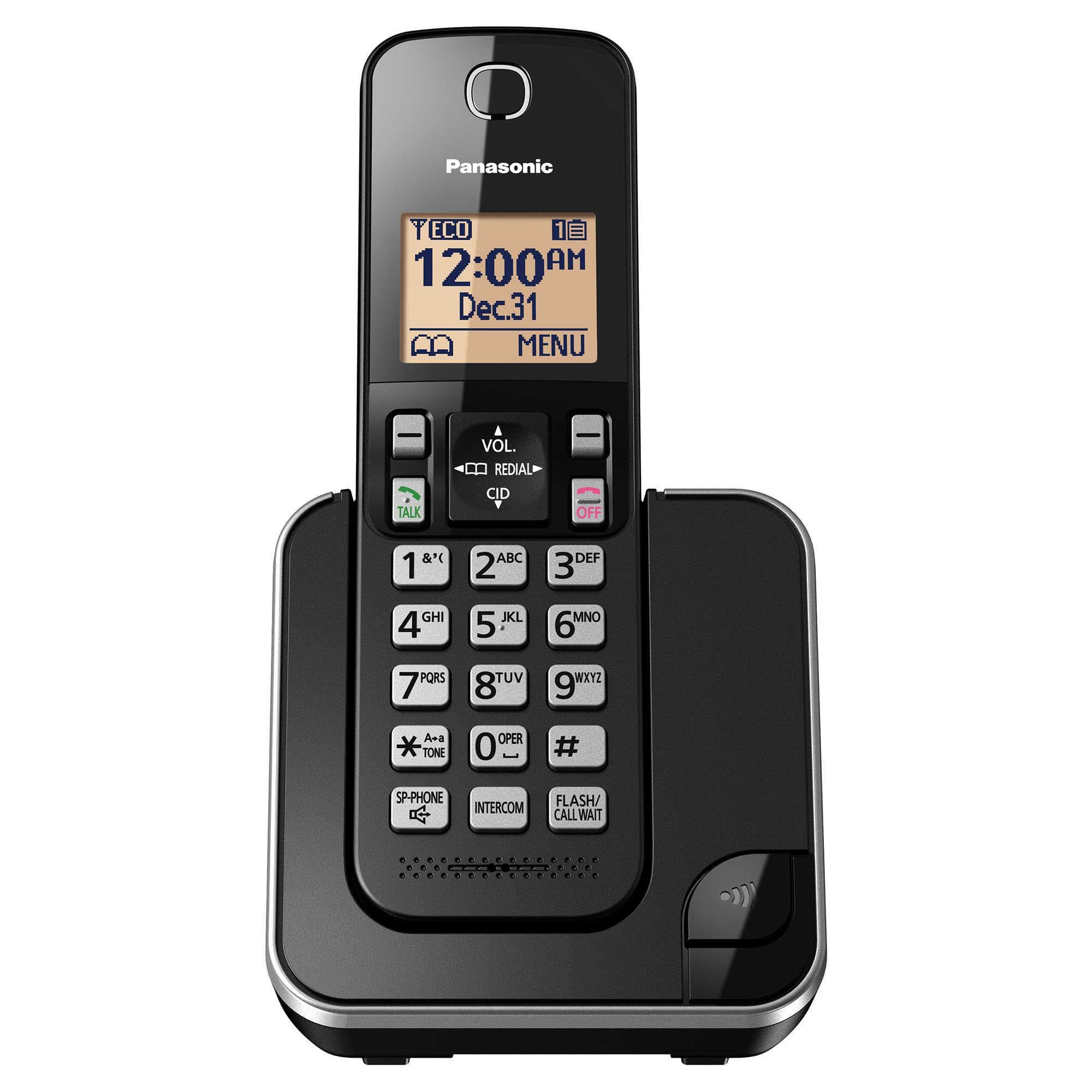 Panasonic نظام هاتف لاسلكي قابل للتوسيع مع شاشة بإضاءة خلفية كهرمانية وحظر مكالمات