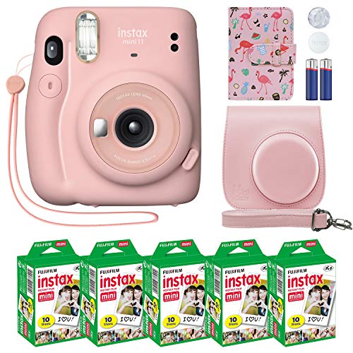 Fujifilm Instax Mini 11 Instant Camera Blush Pink + جراب مخصص + حزمة قيمة فيلم Fuji Instax (50 ورقة) ألبوم صور Flamingo Designer لصور Fuji instax Mini 11