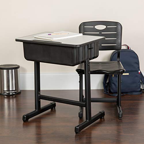 Flash Furniture مكتب طالب بارتفاع قابل للتعديل وكرسي بإطار قاعدة سوداء