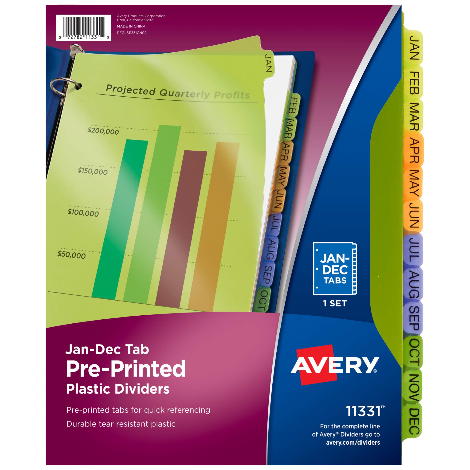 Avery 11331 فواصل علامات التبويب البلاستيكية المطبوعة مسبقًا 12 حرف Tab 22