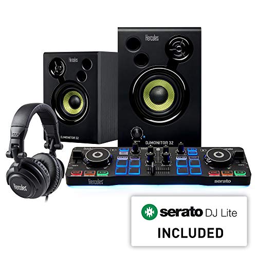 Hercules DJ دي جي ستارتر كيت | جهاز تحكم Starlight USB DJ مع برنامج Serato DJ Lite ومكبرات صوت شاشة 15 وات وسماعات عازلة للصوت