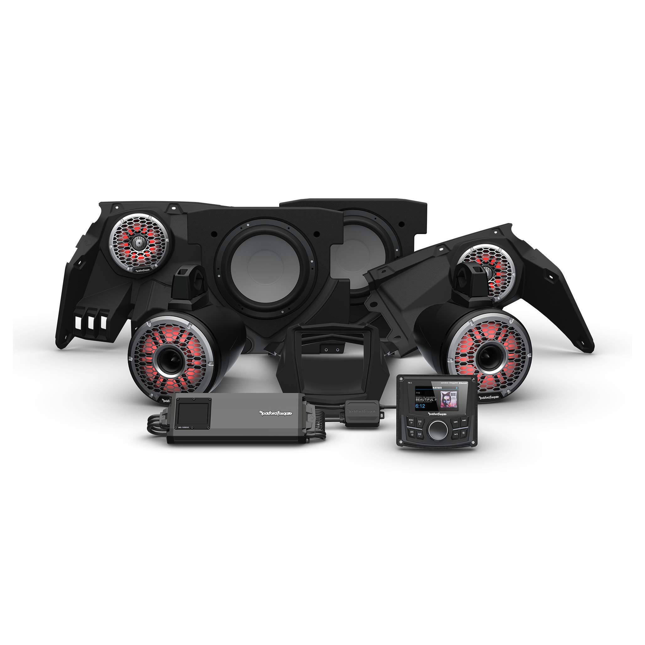 Rockford Fosgate X317-STG6 Audio Kit: PMX-3 Receiver, 1500-Watt Amp, M2 Series Color Optix Multicolor LED Lighted Front, Rear Horn Speakers & Dual Subs for Select Can-Am X3 Models (2017-2022)