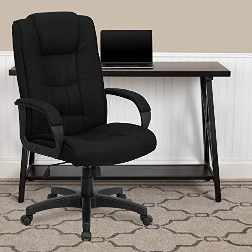 Flash Furniture كرسي مكتب تنفيذي دوار من القماش الأسود عالي الظهر مع أذرع