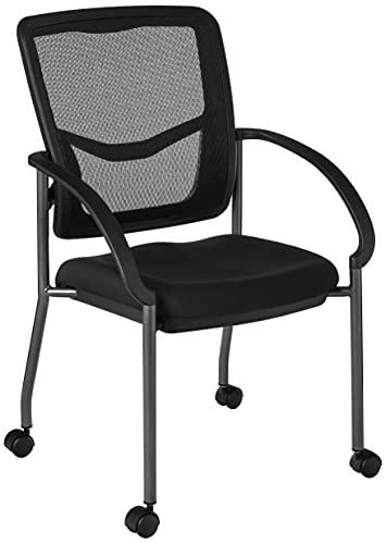 Office Star Breathable ProGrid Back and Padded Coal FreeFlex Seat, Contour Arms, Titanium Finish Stacking Visitors Chair with ...