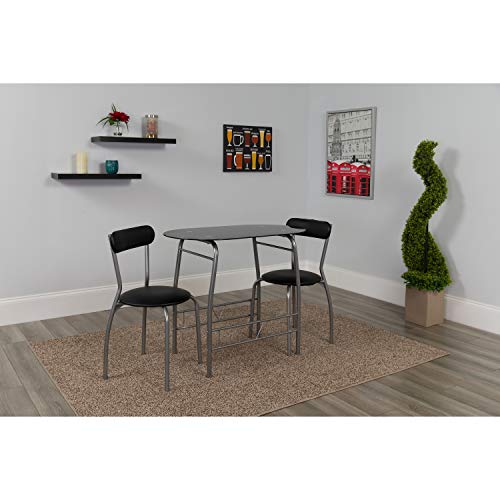 Flash Furniture طقم بيسترو Sutton 3 قطع Space-Saver مع طاولة علوية زجاجية سوداء وكراسي مبطنة من الفينيل الأسود