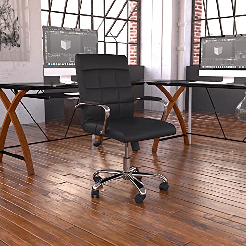 Flash Furniture كرسي مكتب دوار من الفينيل الأسود في منتصف الظهر مع قاعدة وأذرع من الكروم