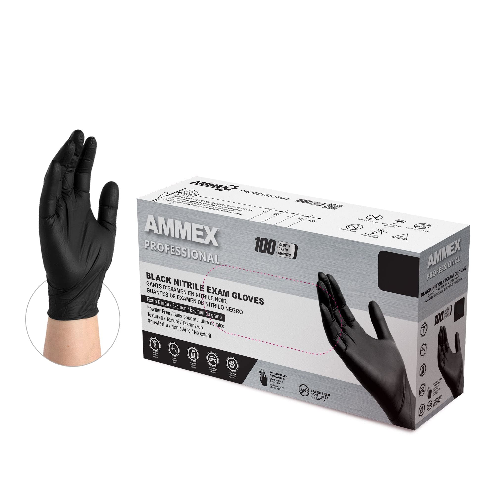 Ammex قفازات سوداء طبية / نيتريل للاستعمال مرة واحدة خالية من اللاتكس وخالية من المسحوق