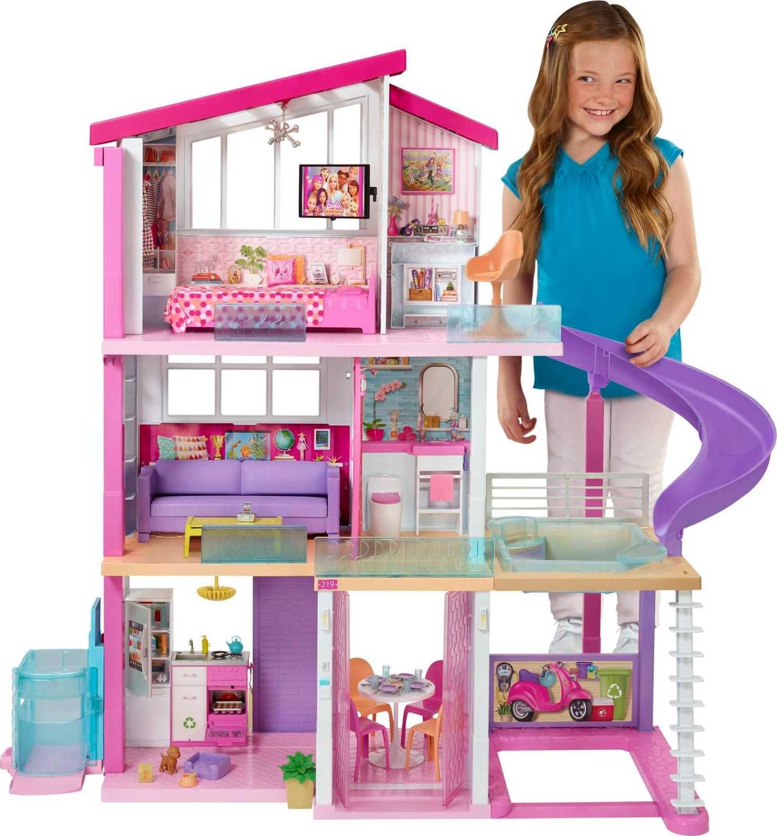 Barbie بيت الدمى DreamHouse مع أكثر من 70 ملحقًا ومصعد عمل ومنزلق وأثاث متحول وأضواء وأصوات (حصريًا لأمازون)