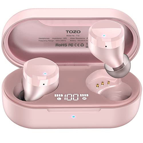  TOZO T12 Wireless Earbuds Bluetooth Headphones Premium Fidelity sound quality Wireless Charging Case Digital LED Intelligence Display IPX8 سماعات أذن مقاومة للماء مدمجة مع...