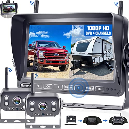  Rohent RV Backup Camera Wireless HD1080P 2 Cameras with 7 Inch Touch Key DVR Monitor إشارات رقمية مستقرة نظام كاميرا الرؤية الخلفية IP69K محول سلك ضفيرة...