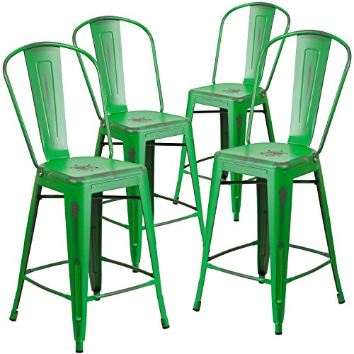 Flash Furniture 4 قطع كرسي مرتفع 24 بوصة من المعدن الأخضر المتعثر داخليًا وخارجيًا مع ظهر