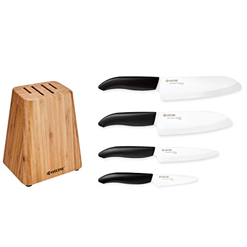 Kyocera مجموعة سكاكين الخيزران: تتضمن 4 فتحات من الخيزران و 4 سكاكين سيراميك متطورة - مقبض أسود / شفرة بيضاء