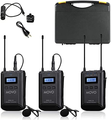  Movo نظام ميكروفون لاسلكي WMX-20-DUO ذو 48 قناة UHF لاسلكي مع جهاز استقبال وجهازي إرسال وميكروفوني طية صدر السترة متوافق...