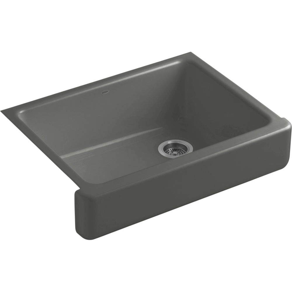 KOHLER K-6486-58 Whitehaven Farmhouse Self-Trimming Apron Front Single Basin Kitchen Sink with Short Apron, Thunder Grey