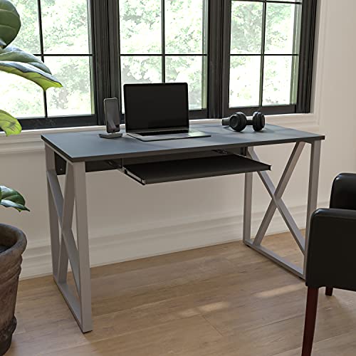 Flash Furniture مكتب كمبيوتر أسود مع صينية لوحة مفاتيح قابلة للسحب وإطار متقاطع
