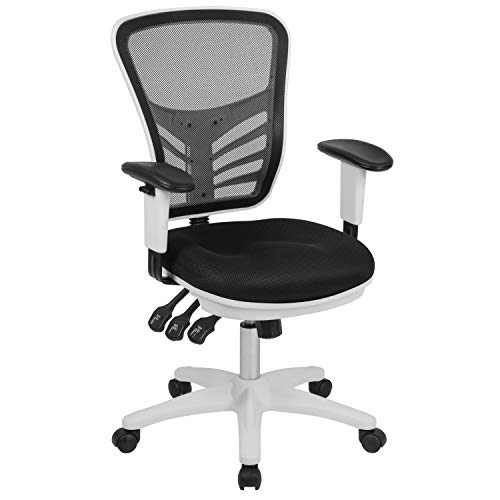 Flash Furniture كرسي مكتب تنفيذي دوار متعدد الوظائف من منتصف الظهر أسود شبكي مع أذرع قابلة للتعديل وإطار أبيض