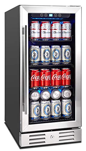 Kalamera 15 'Beverage Cooler 96 يمكن أن تكون مدمجة أو قائمة بذاتها تعمل باللمس مع ثلاجة مشروبات ذات إضاءة داخلية زرقاء