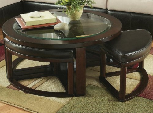 Roundhill Furniture طاولة قهوة مستديرة زجاجية من الخشب الصلب من سيلينا مع 4 مقاعد