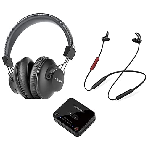  Avantree D4169 مجموعة سماعات رأس وسماعات أذن لاسلكية مزدوجة لمشاهدة التلفزيون مع جهاز إرسال Bluetooth والتحكم في مستوى...