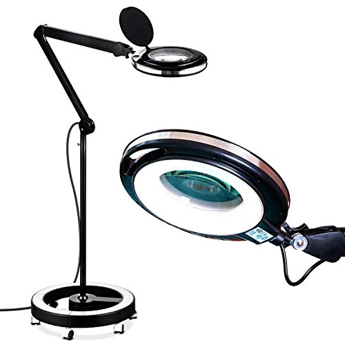 Brightech LightView Pro LED Magnifying Glass Lamp - 6 Wheel Rolling Base - Black