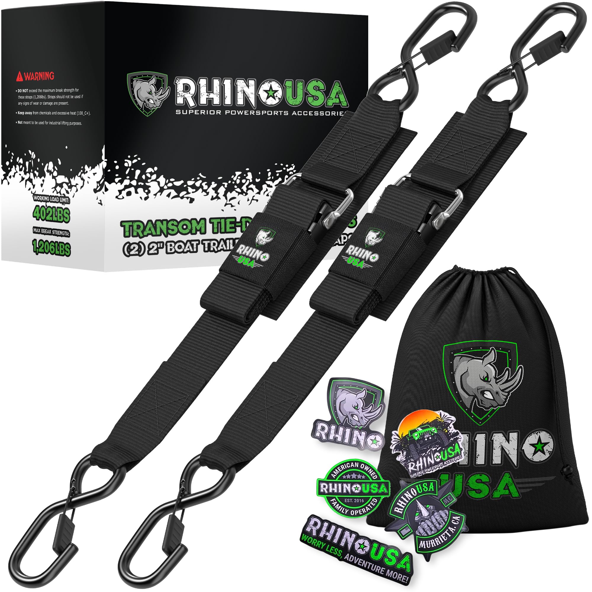 Rhino USA أشرطة عرضية لمقطورة القارب (2PK) - أشرطة شديدة التحمل مقاس 2 بوصة × 48 بوصة قابلة للتعديل للقطر