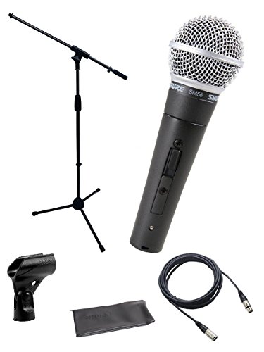 Shure حزمة ميكروفون SM58-S مع مفتاح تشغيل / إيقاف ومشبك وحقيبة وحامل ذراع الميكروفون وكابل XLR