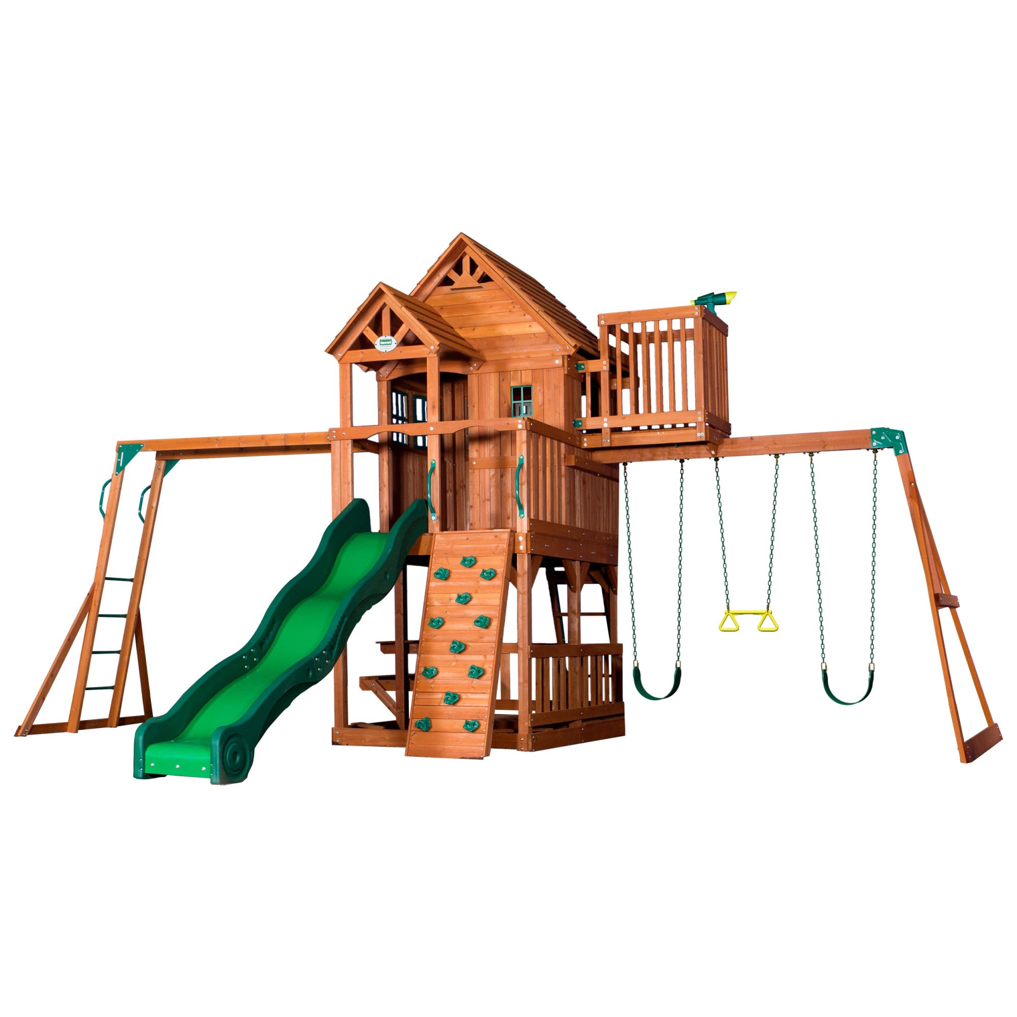 Backyard Discovery , Skyfort II Playground Cedar Wood Swing Set with Playhouse Fort, Sandbox, Picnic Table, Slide, Monkey Bars, Swings, Rock Climber, Outdoor Playset for kids Age 3-10 years