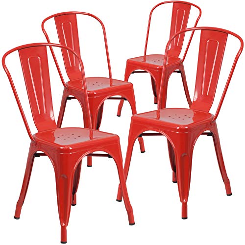 Flash Furniture 4 قطع كرسي معدني أحمر قابل للتكديس داخلي وخارجي