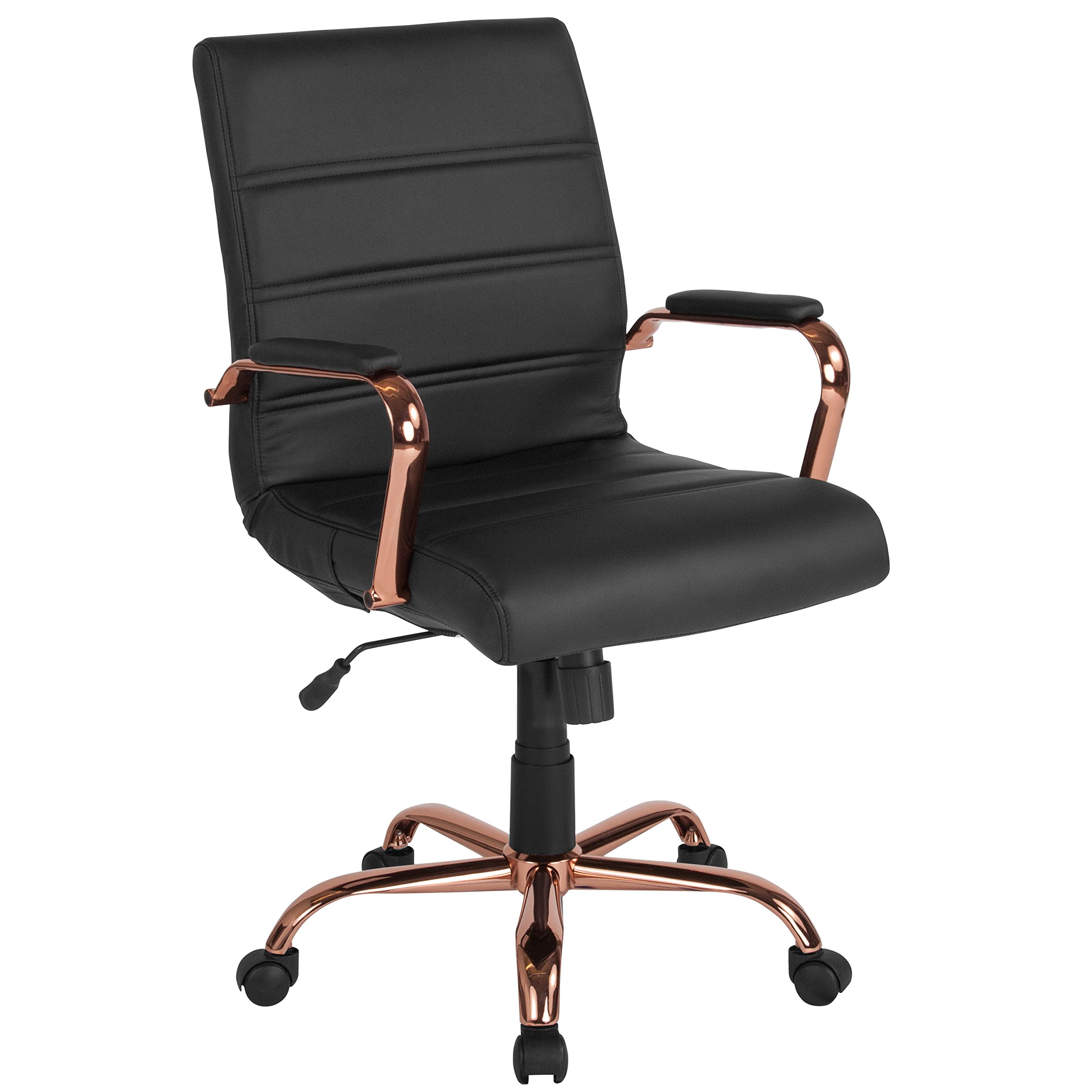 Flash Furniture كرسي مكتب منتصف الظهر - كرسي مكتب تنفيذي دوار من الجلد الأسود بإطار ذهبي وردي - كرسي بذراع دوار