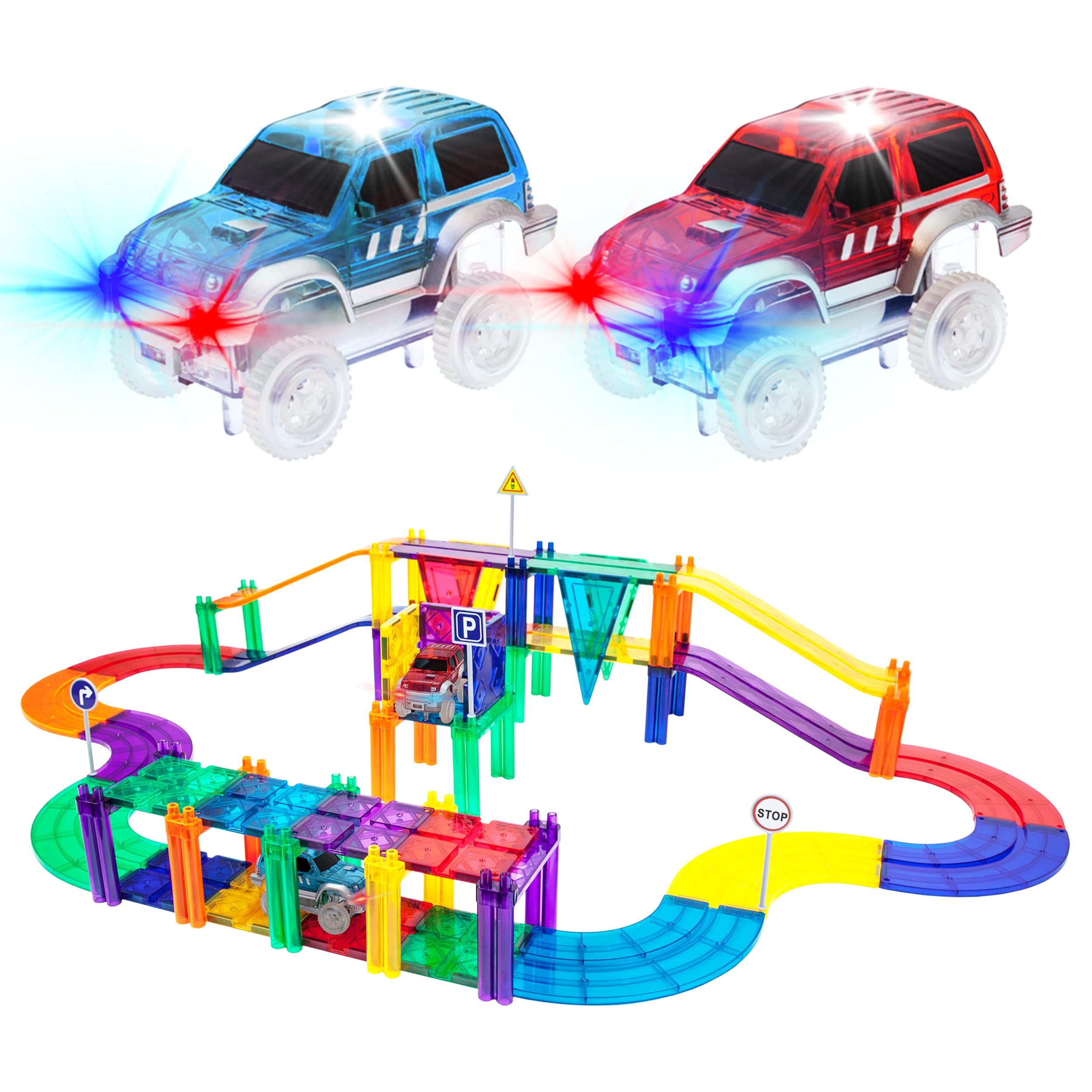  PicassoTiles مجموعة ألعاب تعليمية مكونة من 50 قطعة من مكعبات بناء مسار سيارة السباق والبلاط المغناطيسي والمغناطيس DIY...