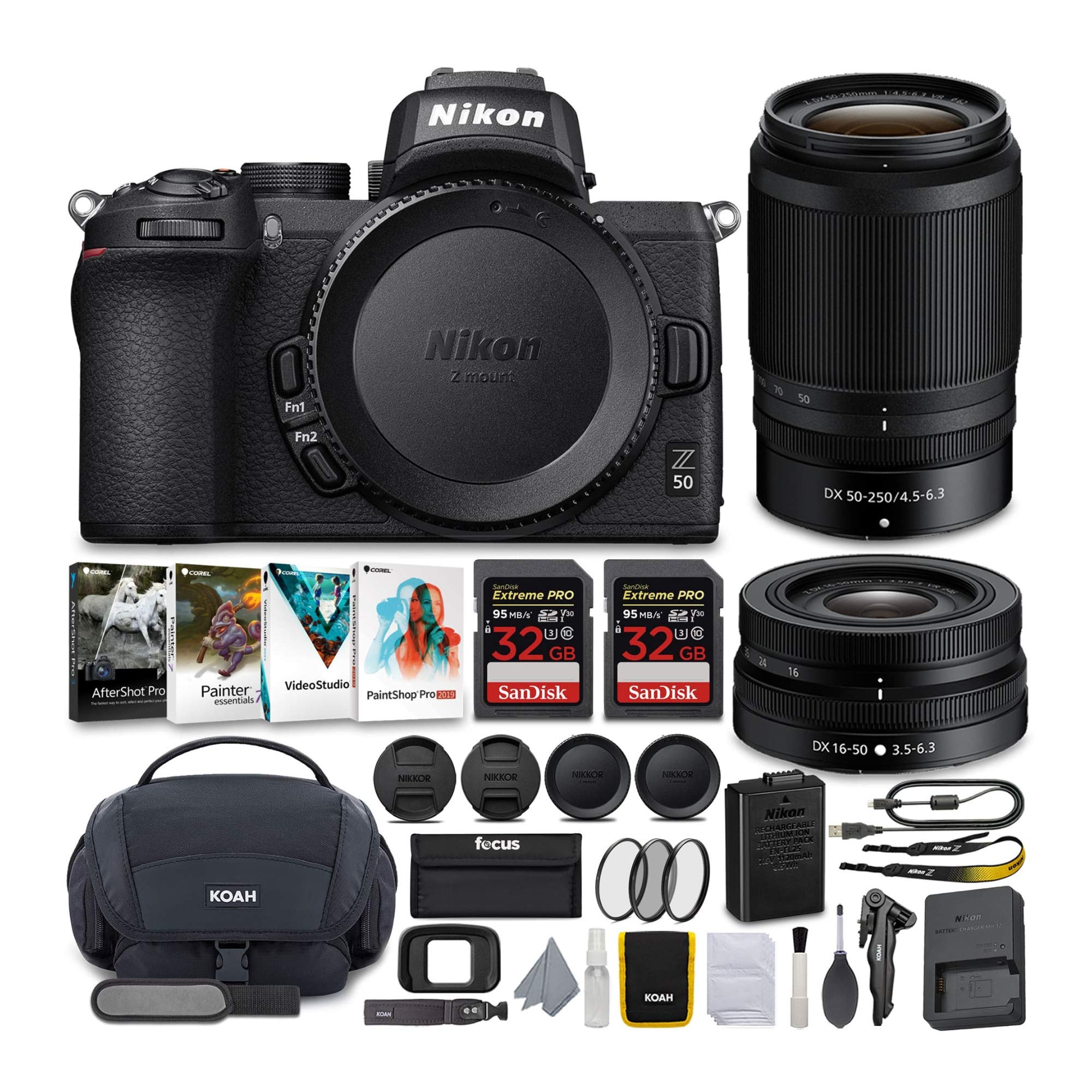  Nikon كاميرا Z50 بدون مرآة مع عدسات NIKKOR Z مقاس 16-50 و 50-250 مم VR ومجموعة بطاقات 64 جيجابايت مع مجموعة ملحقات فاخرة (5 عناصر)...