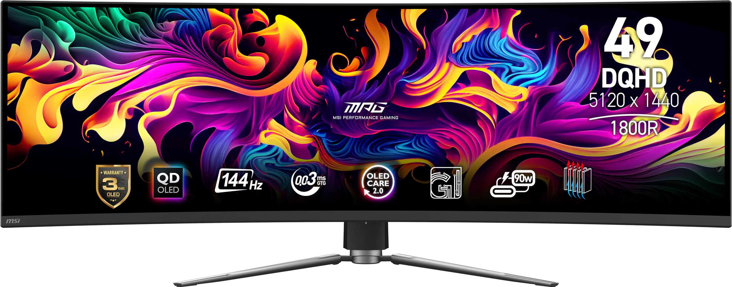 MSI MPG 491CQP QD-OLED, 49 Curved OLED Gaming Monitor, 5120 x 1440 (DQHD), OLED 0.03ms Response time, 144Hz, True Black HDR 400, HDMI, DP Port, USB Type C, Tilt, Height