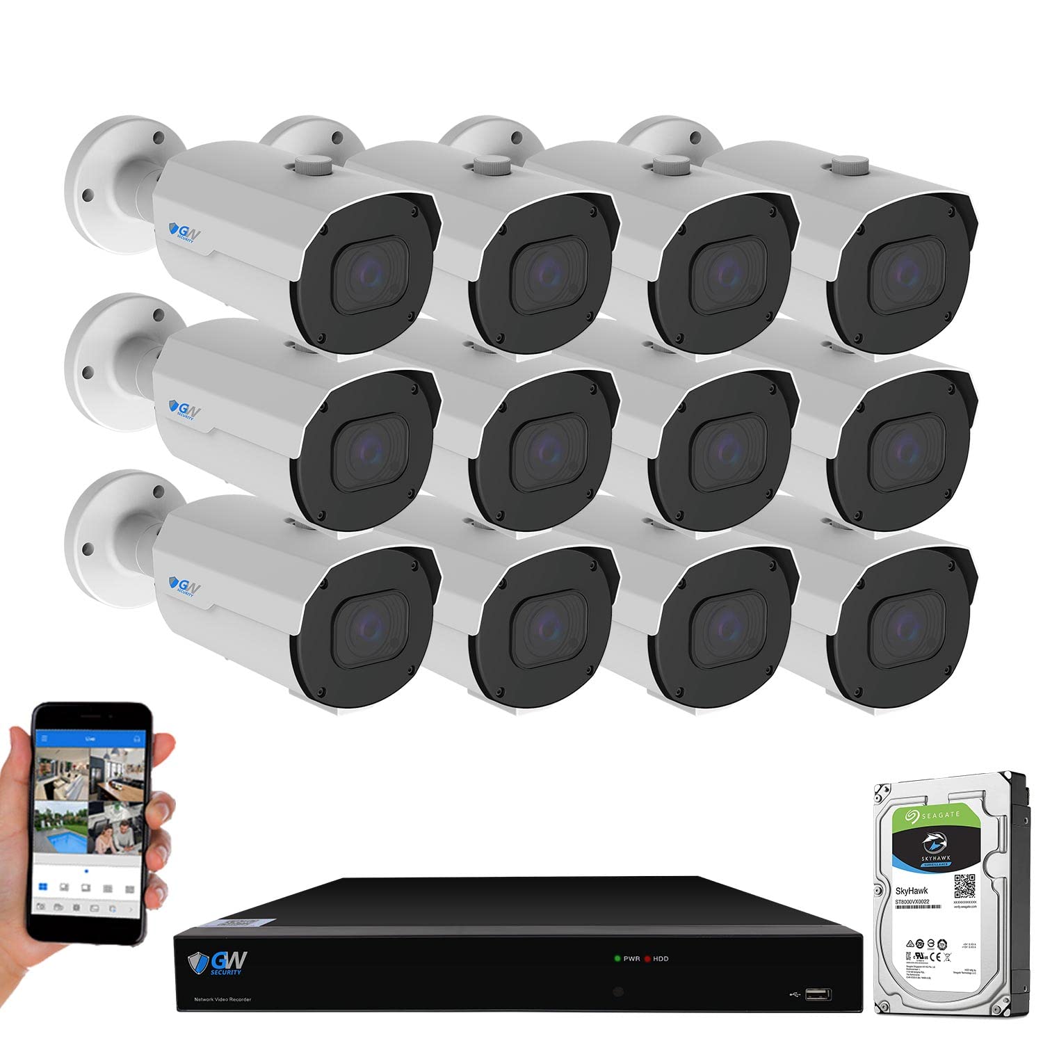 GW Security 16 Channel NVR 4K 8MP PoE 2.8-12mm Varifocal Zoom Security Camera System with 12 x 4K 8MP IP Microphone Waterproof Smart AI Bullet Camera, Face Recognition/Human/Vehicle Detection