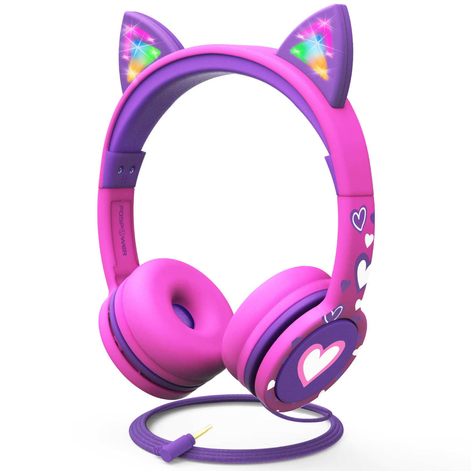  FosPower سماعات رأس للأطفال مزودة بإضاءة LED لأذن القط 3.5 ملم على الأذن سماعات صوت للأطفال مزودة بكابل خالٍ من التشابك...