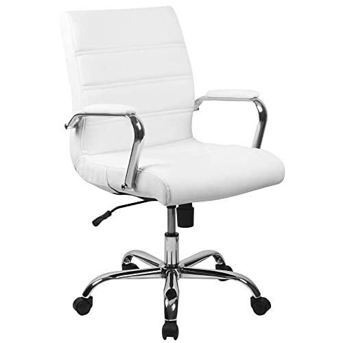 Flash Furniture كرسي مكتب منتصف الظهر - كرسي مكتب تنفيذي دوار من الجلد الأبيض مع إطار من الكروم - كرسي بذراع دوار