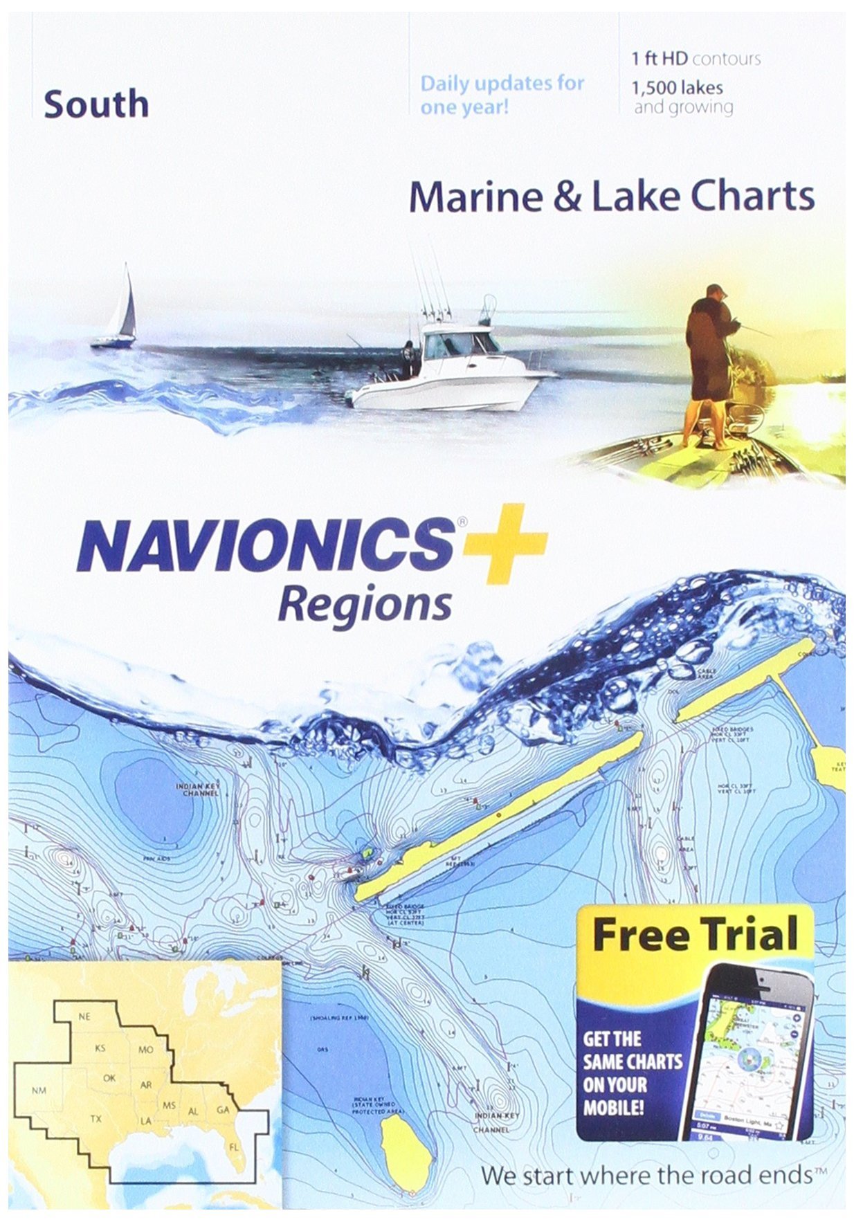 Navionics بالإضافة إلى المخططات البحرية والبحيرة الجنوبية للمناطق على SD / MSD