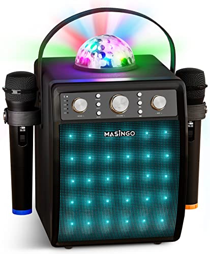  MASINGO جهاز بلوتوث كاريوكي للبالغين والأطفال - مجموعة معدات غناء محمولة مع 2 ميكروفون لاسلكي كاريوكي - نظام مكبر...
