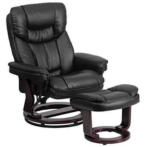 Flash Furniture كرسي معاصر متعدد المواضع وعثماني منحني بقاعدة دوارة من خشب الماهوجني من الجلد الأسود