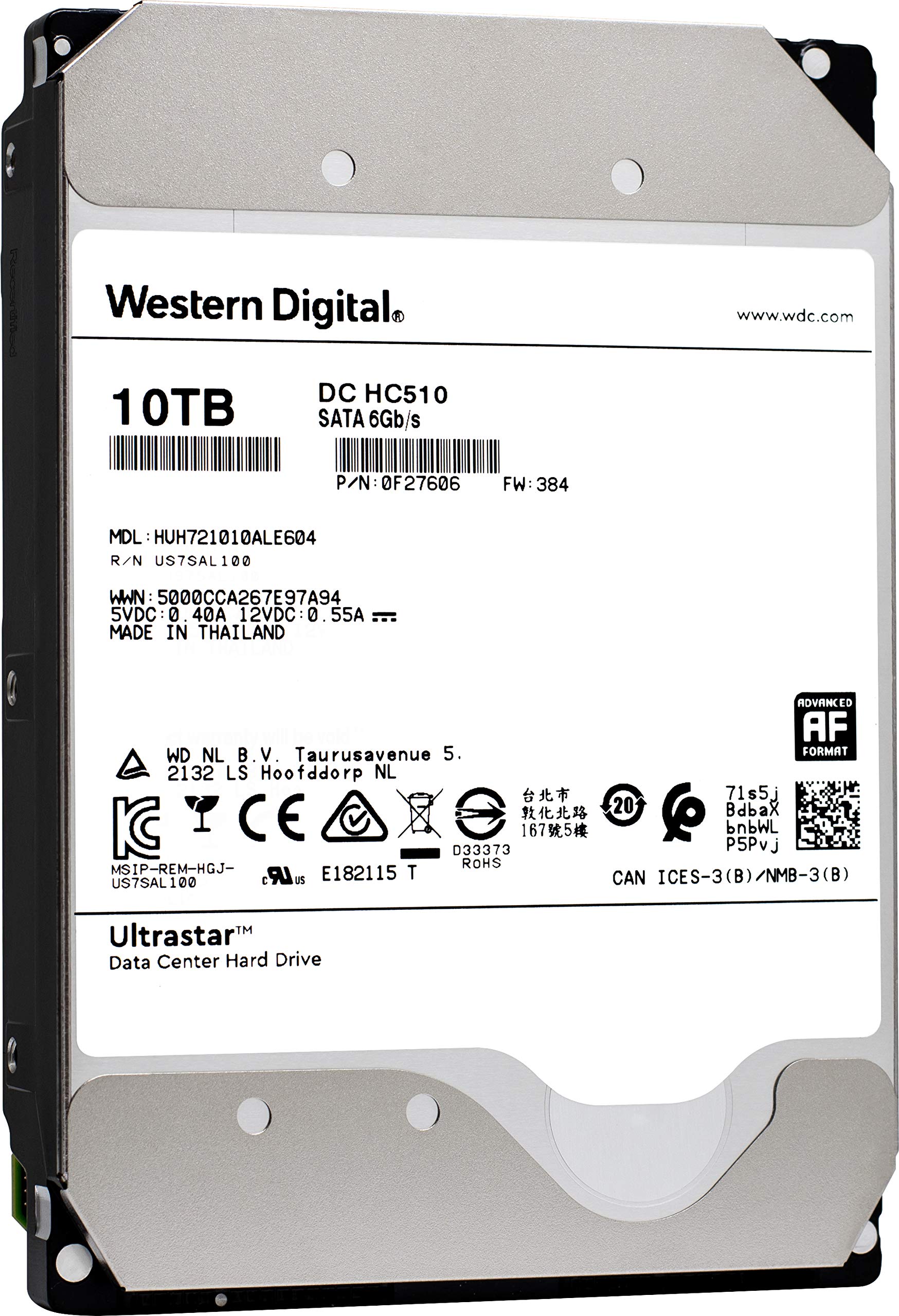 HGST WD Ultrastar DC HC510 10TB 7200 RPM SATA 6Gb / s 3.5 'Helium Platform Enterprise Hard Disk Drive - HUH721010ALE604 (0F27606)