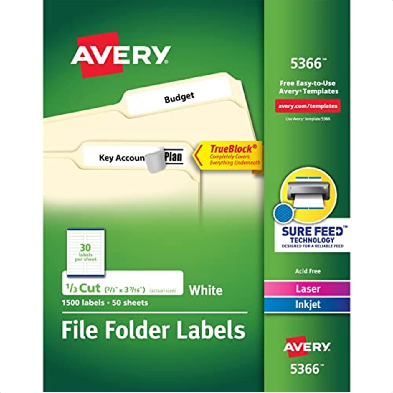 Avery ملصقات مجلد الملفات لطابعات الليزر والطابعات النافثة للحبر بتقنية TrueBlock