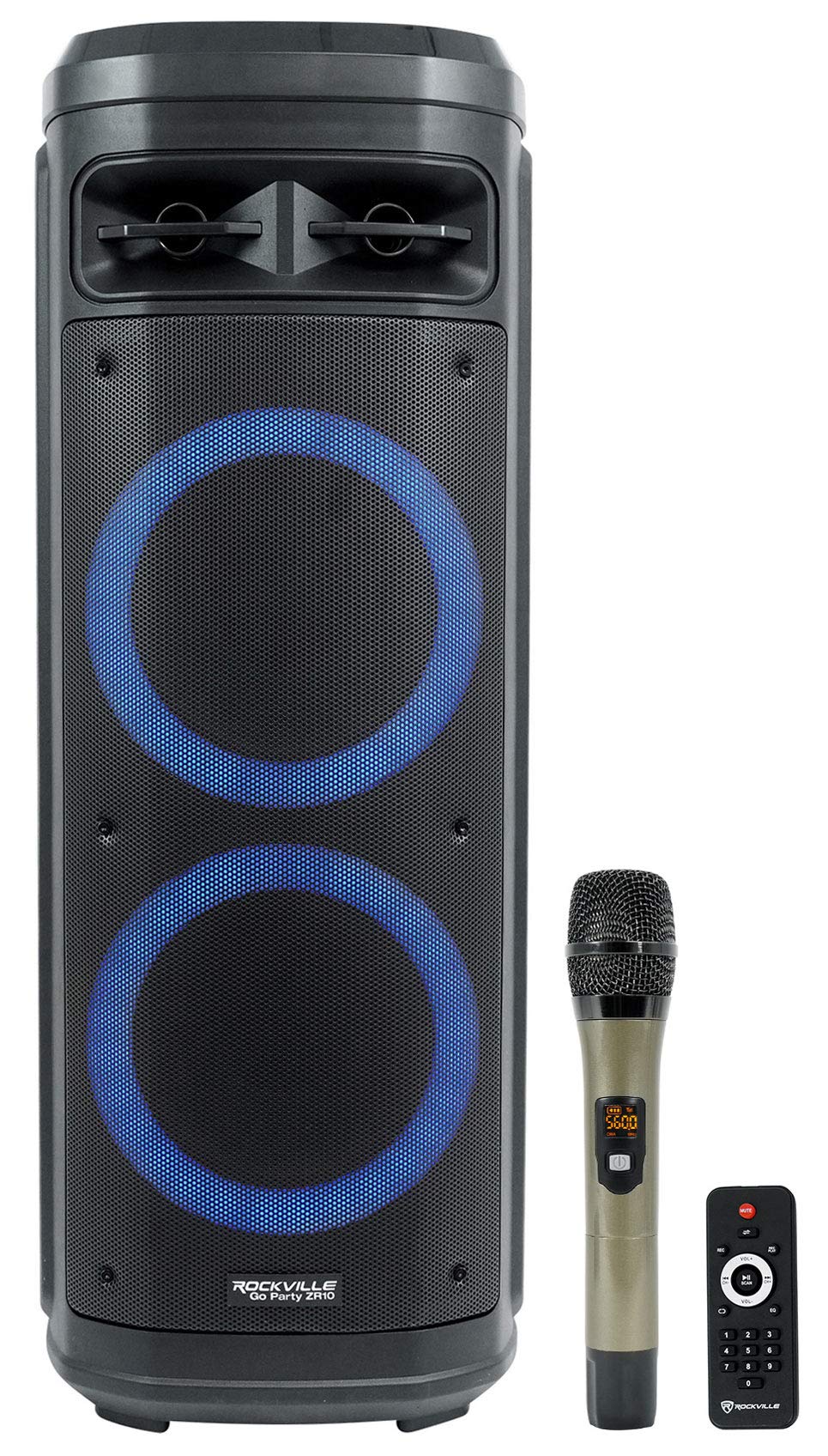 Rockville مكبر صوت Go Party ZR10 Dual 10 بوصات لاسلكي محمول بتقنية LED يعمل بالبلوتوث + ميكروفون UHF