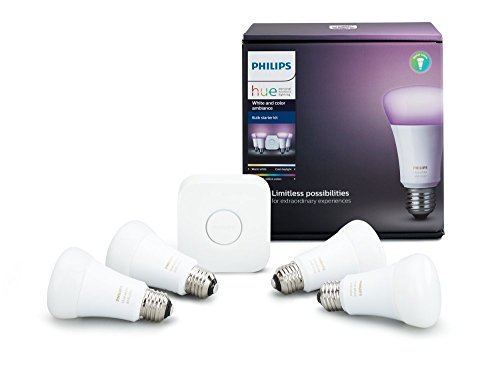 Philips Hue أبيض ولون Ambiance A19 60W ما يعادل مصباح LED الذكي (4 لمبات A19 ومحور واحد متوافق مع Amazon Alexa Apple HomeKit و Google Assistant)