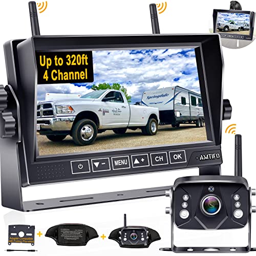  AMTIFO RV Backup Camera Wireless HD 1080P Trailer Bluetooth نظام كاميرا الرؤية الخلفية يعمل باللمس 7 بوصة DVR مراقب شاشة مقسمة 4 قنوات لمحول...